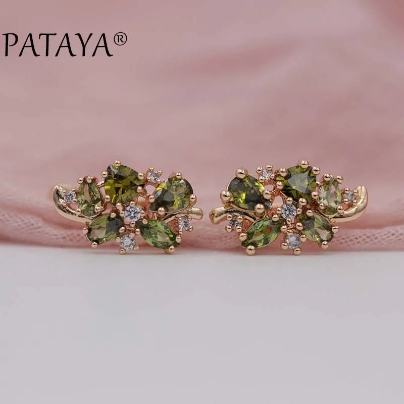 olive green Pataya Multi-Цветной Зеленый Натуральный циркония серьги 585 розовое золото RU Hot эксклюзивные Дизайн Jewelry Женская водонепроницаемая grop серьги - Окраска металла: olive green