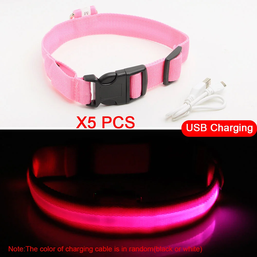 Pink 5PCS 5 шт./лот usb зарядка светодиодный ошейник для собак защита от потери безопасный светящийся ошейник для собак щенков светящиеся ошейники для животных Товары для домашних животных - Цвет: Pink 5PCS