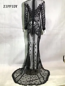 Черное длинное платье, стразы, сексуальный женский костюм для вечеринки на день рождения, женские платья для выступлений