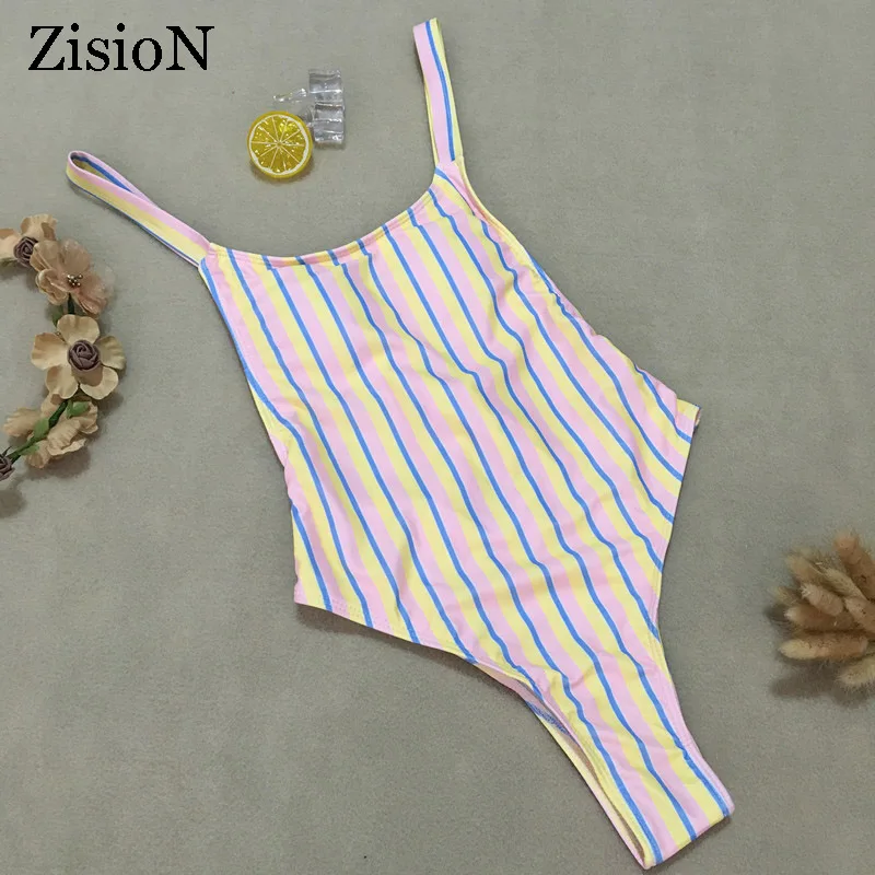 ZisioN Новый Полосатый Одна деталь купальник Для женщин сексуальные купальники