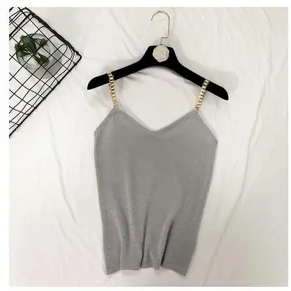 Новинка, женский топ на бретелях, весенний, летний, сексуальный, v-образный вырез, цепочка, тонкий, вязаный жилет, яркие шелковые топы, женские, без рукавов, короткие рубашки RH1877 - Цвет: Серый
