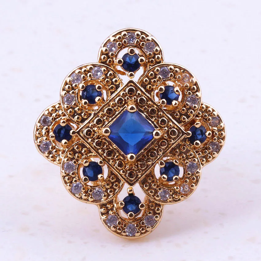 Супер Синий Кристалл &amp фианит желтое золото цвет кольца для женщин Дешевые