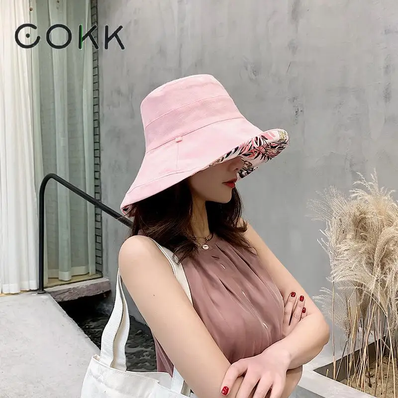 COKK Двусторонняя Цветочная Панама, Женская Корейская Складная Солнцезащитная шляпа с большими широкими полями, летние шляпы для женщин, женская панама, Пляжная Шляпа