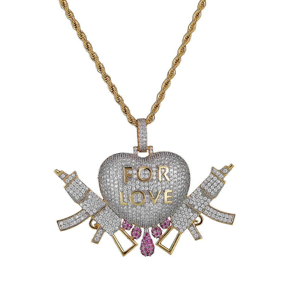 Хип хоп AAA CZ камни выложены Bling Ice Out Gold Forever Lover Heart AK 47 кулоны с оружием ожерелье для