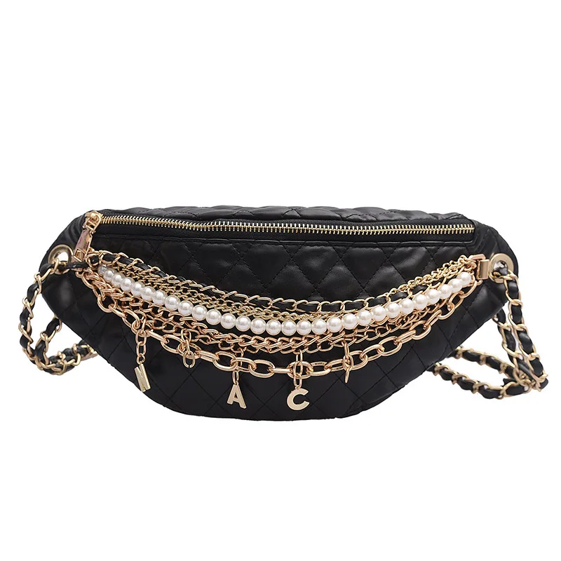 

Women's Waist Bag Pearl Ling Grid PU Chain Fanny Pack Bananka Travel Leisure Bag For The Belt Women Catwalk Belly Band Belt Bag