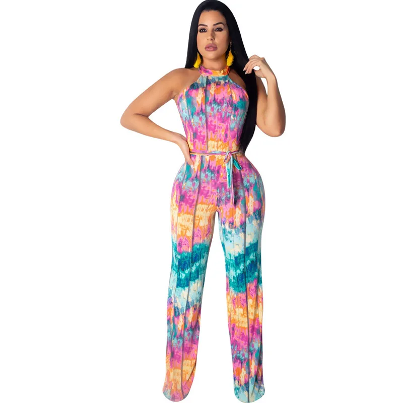 

Summer new women's printed jumpsuit casual hot color sexy jumpsuit with belt