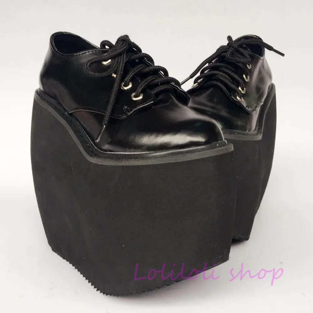 

Princess sweet lolita shoes loliloli yoyo Japanese design custom big size black soild cool lace-up flat platform shoes 9136n