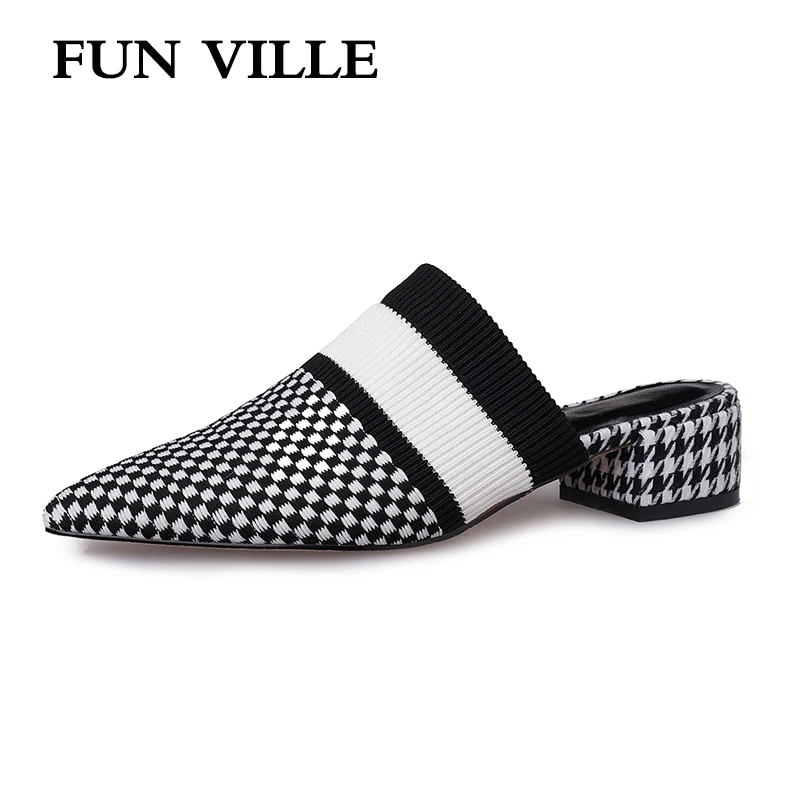 

FUN VILLE Knitting yarn Summer New Fashion Women Slippers Med Heels British Style sexy ladies shoes Outside Slippers Pointed Toe