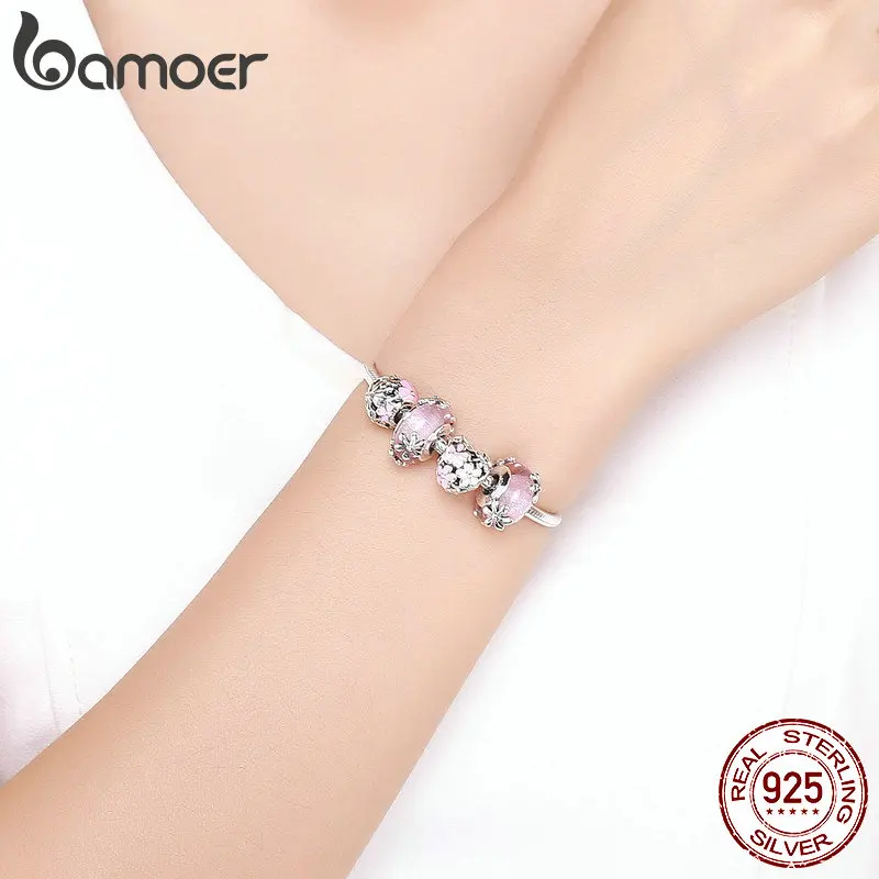 BAMOER 925 пробы Серебряный сад Фея розовый Европейский стеклянные бусины браслеты и браслеты Стерлинговое серебро ювелирные изделия SCB821