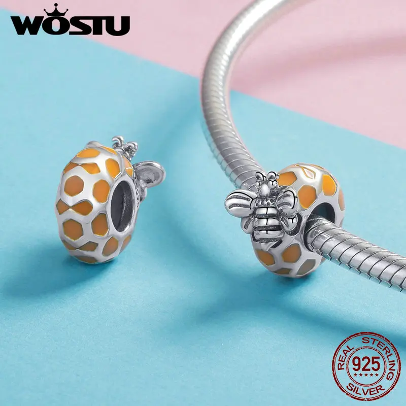 WOSTU, 925 пробы, серебро, милая пчела, животное, бусины, шарм, подходит для оригинального браслета, ожерелья, подвески для женщин, роскошные ювелирные изделия, FIC1102