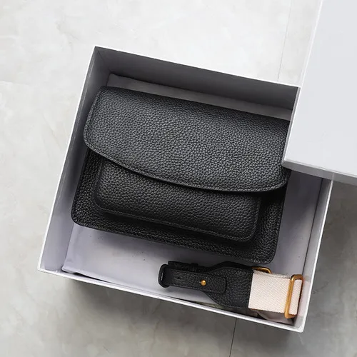 black 2 straps Брендовая женская сумка из натуральной воловьей кожи в стиле ретро, маленькая квадратная сумка с клапаном и широким ремешком, элегантная женская сумка через плечо - Цвет: black 2 straps