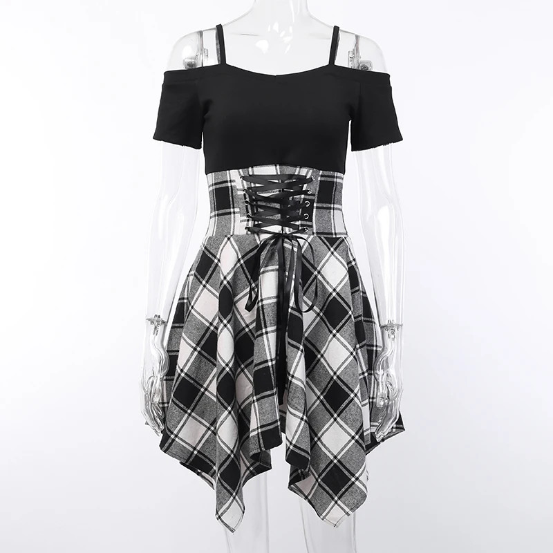 plaid WannaThis плиссированное платье трапециевидной формы с высокой талией, на шнуровке, с вырезом лодочкой, в клетку, в стиле пэчворк, черный, белый, тонкий, с коротким рукавом, в стиле преппи, в стиле панк - Цвет: plaid