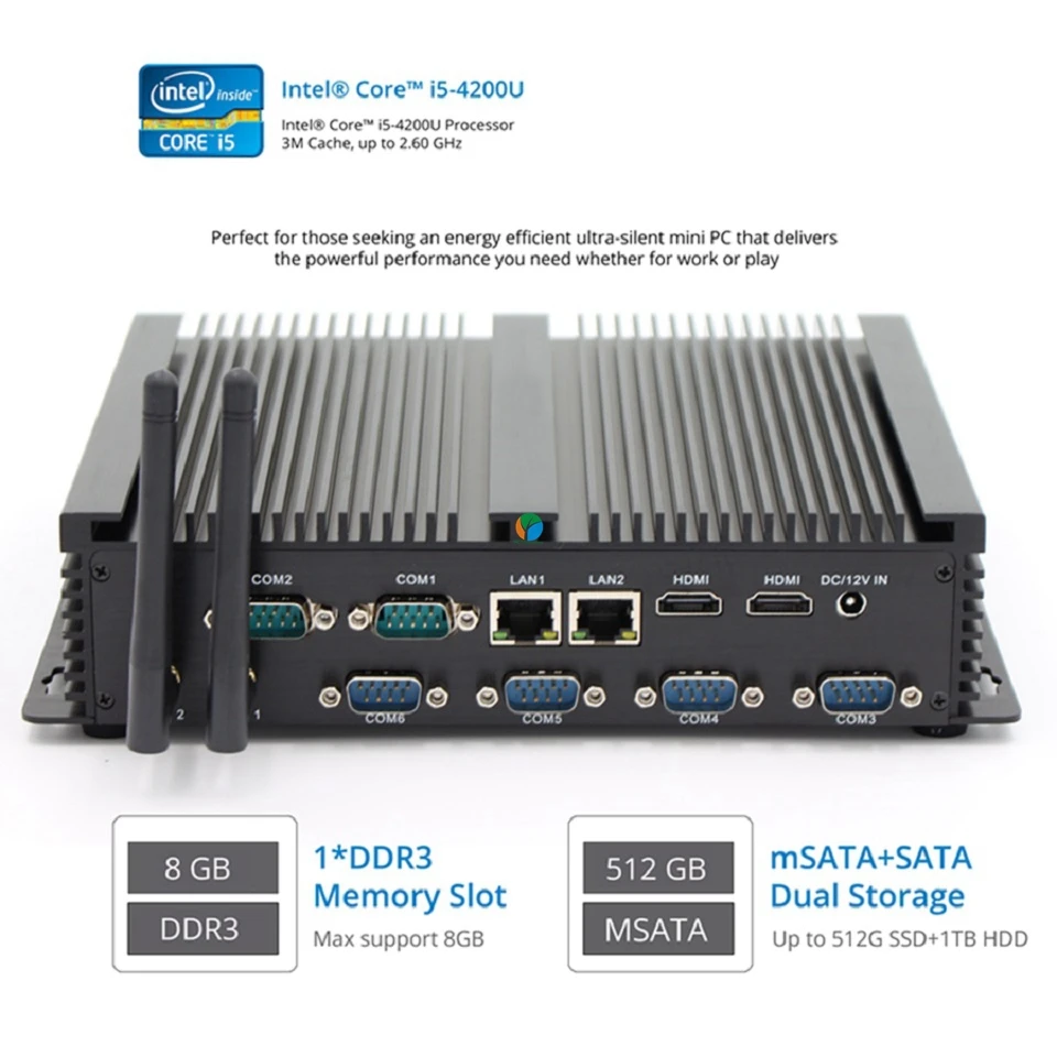 Intel Core i5 4200u безвентиляторный промышленный Мини ПК Windows 10 tv Box HDMI 6 RS232 Dual NIC 2 LAN 8 USB WiFi прочный компьютер