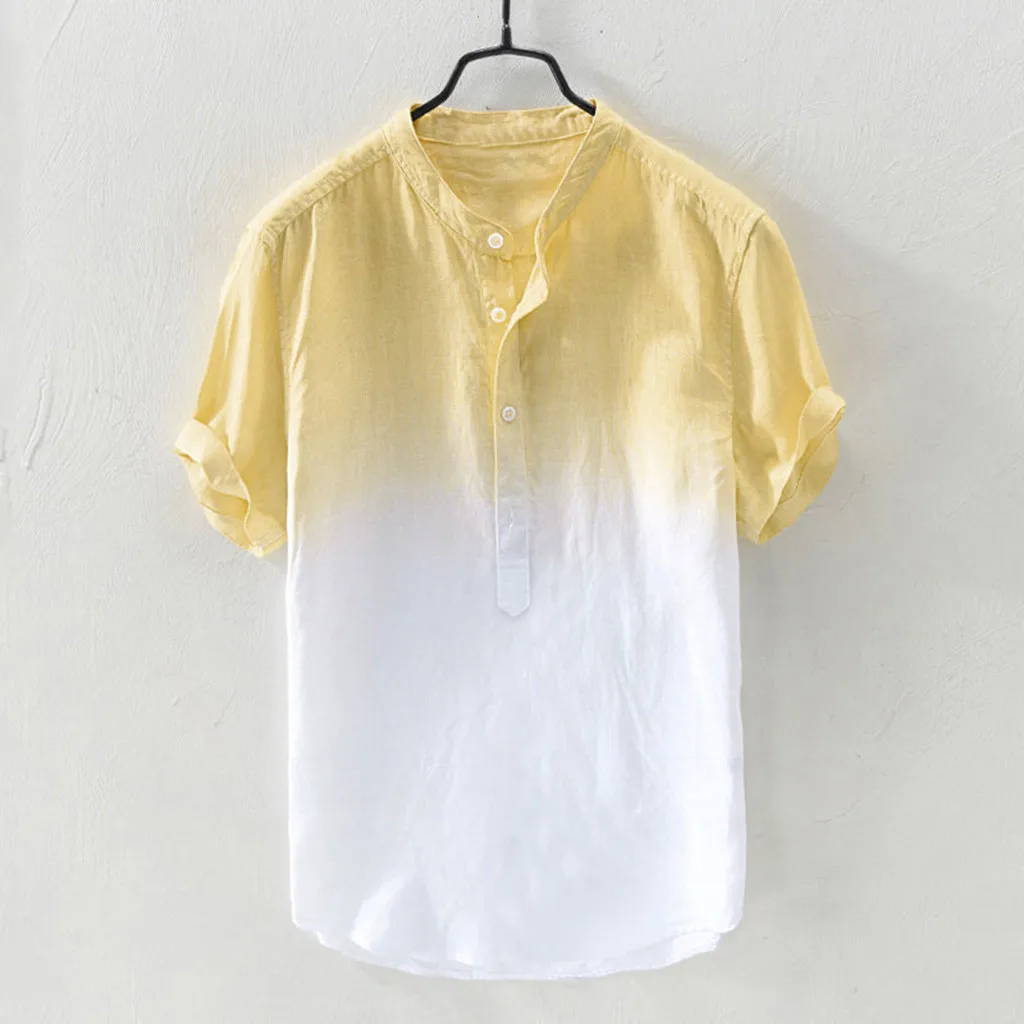 Camisa masculina летняя мужская крутая и тонкая дышащая рубашка с воротником, окрашенная, градиентная, хлопковая рубашка camisas masculina - Цвет: Цвет: желтый