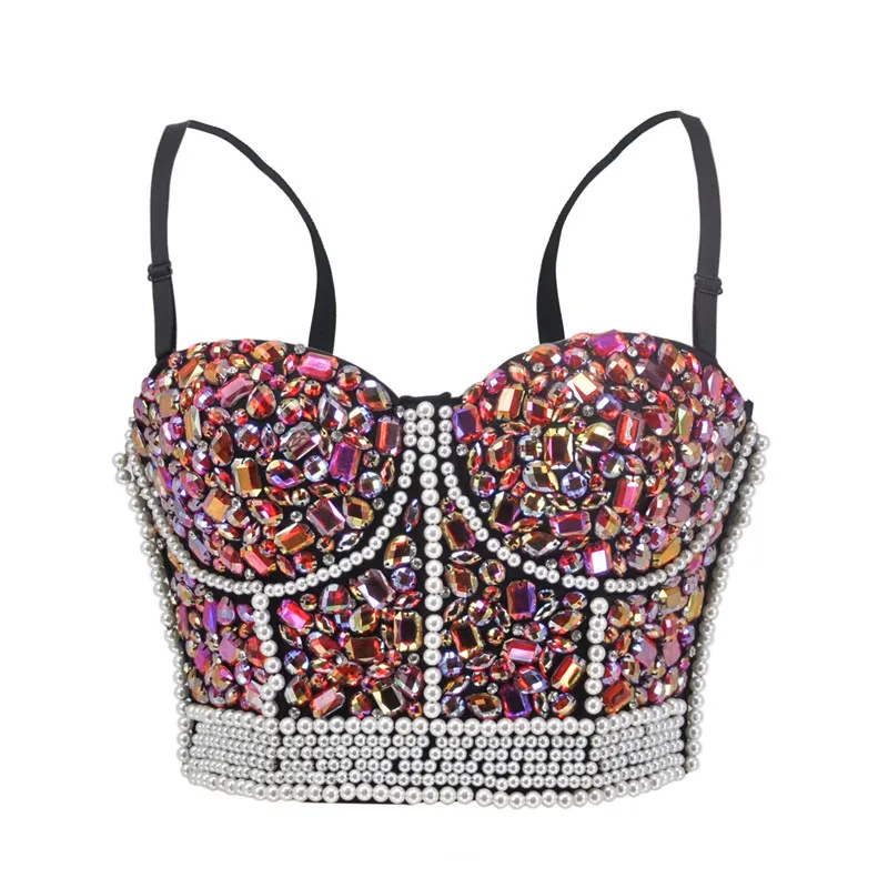 

Sexy Pink Diamond Crystal Beaded Pearl Strapless Push Up Bra Top Party Night Clubwear Bras For Women Burlesque Rave Bralette