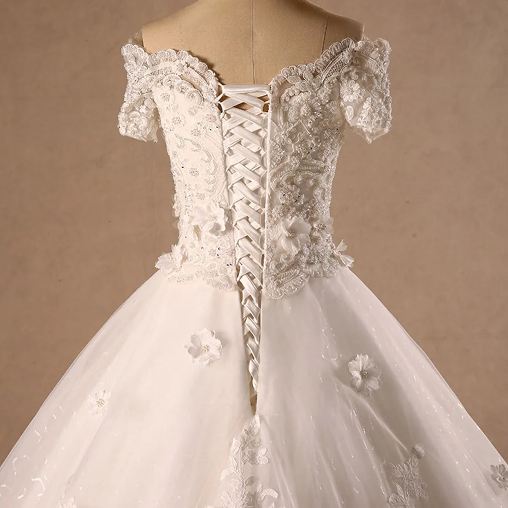 Vestido De Noiva Princesa с коротким рукавом расшитое бисером блестками аппликациями