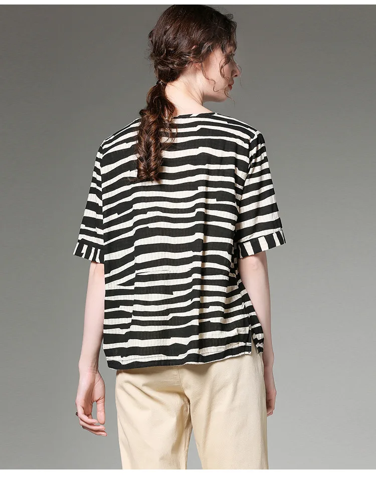 2019 Summer Cotton linen stripe tops round neck short sleeves juniors comfortable loose fit casual shirt cute plus size blouse | Женская