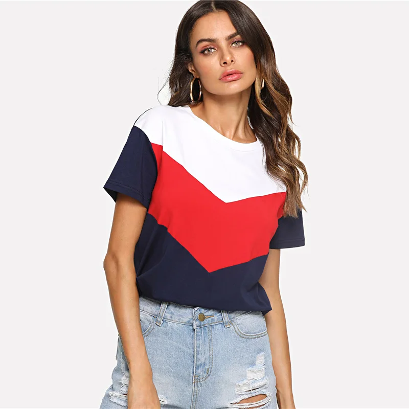 SweatyRocks Cut and Sew Tee многоцветный короткий рукав круглый вырез пэчворк повседневные топы женские летние Athleisure футболка с цветными деталями