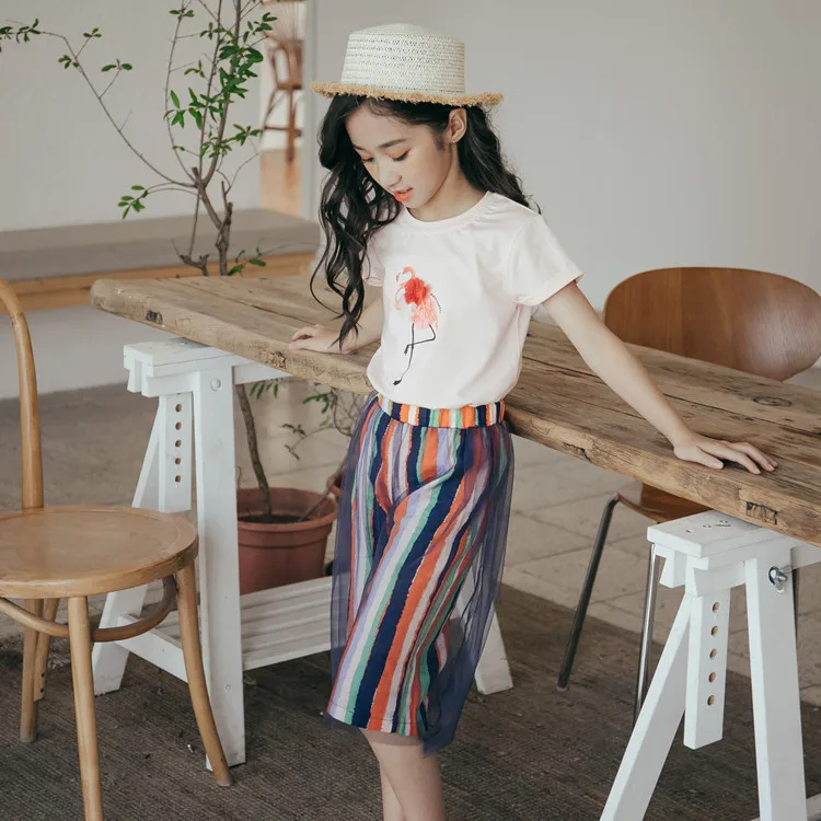 Striped Wide leg Pants Teenage girls clothing 2019 New Summer Clothes Cotton Printed Short-sleeve Tops two pieces sets 8 10 12 | Детская