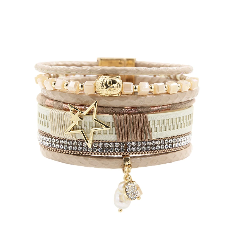 Женский браслет из искусственной кожи многорядный стразы с головой Будды и