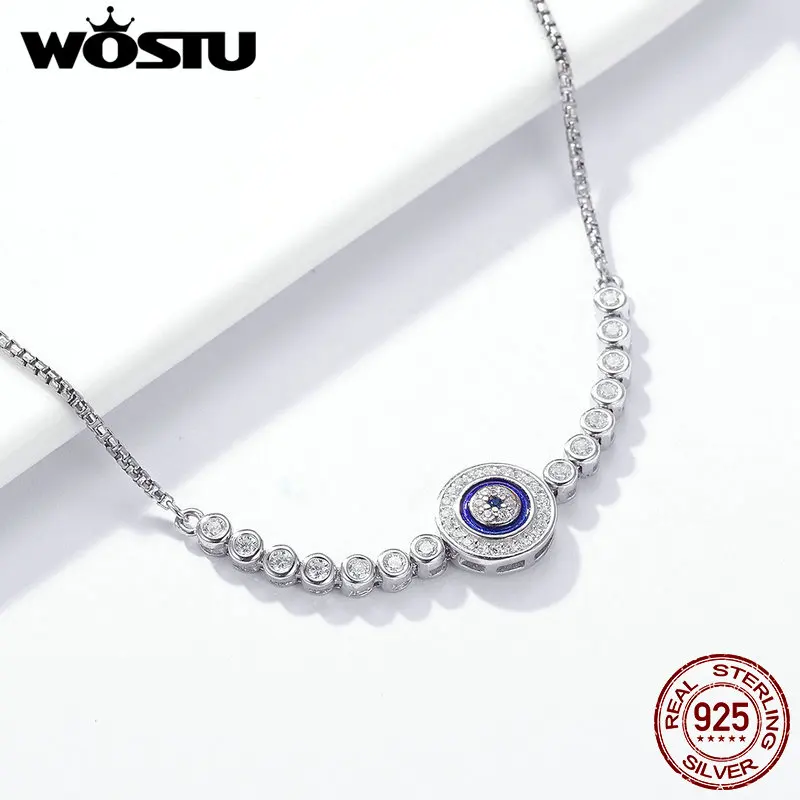 Женский браслет WOSTU из натуральной 925 пробы, серебряный, голубой глаз, Теннисный Браслет, регулируемый браслет-цепочка, ювелирные изделия из стерлингового серебра FIB033