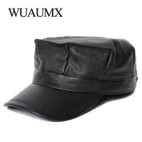 wuaumx cowskin military hats men women earflap baseball cap flat top genuine leather newsboy hat mens cow leather octagonal hat
