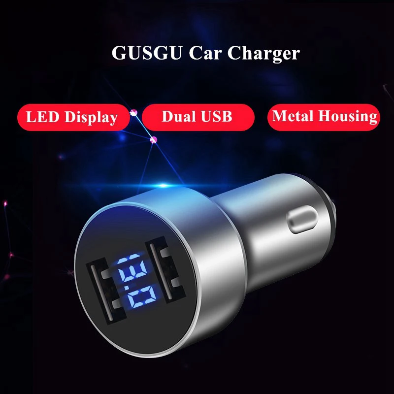 GUSGU Dual USB Автомобильное зарядное устройство с светодиодный цифровым дисплеем, металлическое автомобильное зарядное устройство для мобильного телефона 3.1A USB Автомобильное зарядное устройство адаптер для iPhone