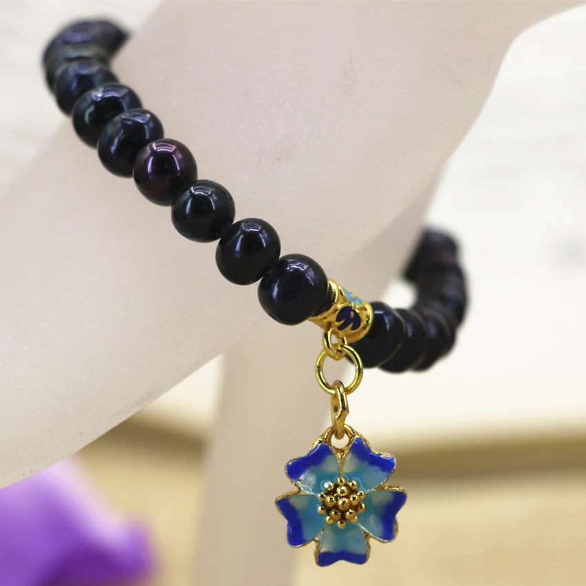 Амулеты натуральные 7-8 мм черные жемчужные бусины браслет и для женщин золотой