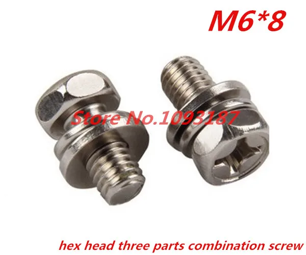 

100pcs Steel With Nickel M6*8 Hex head three parts combination machine screws