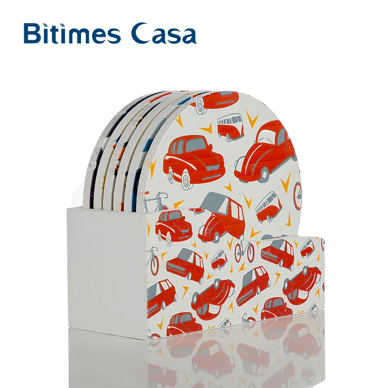 Bitimes 6 шт./компл. милый мультяшный узор круглый MDF стол Coaster деревянная кофейная