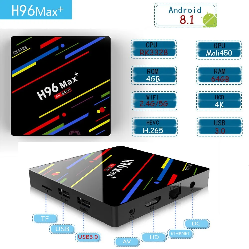 H96 MAX Plus TV Box Android 8.1 4gm ram 64gb Rockchip RK3328 USB3.0 H.265 4K Youtube Netflix Google Play Smart H96MAX | Электроника