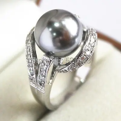 

Wholesale free shipping Pretty 18KGP 12MM Grey Shell Pearl Women' s Ring si