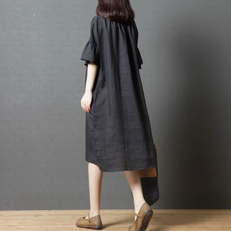 Mferlier Women Artsy Summer Dresses One Side Ruffles V Neck Short Sleeve Solid Casual Loose Female Retro Dress | Женская одежда