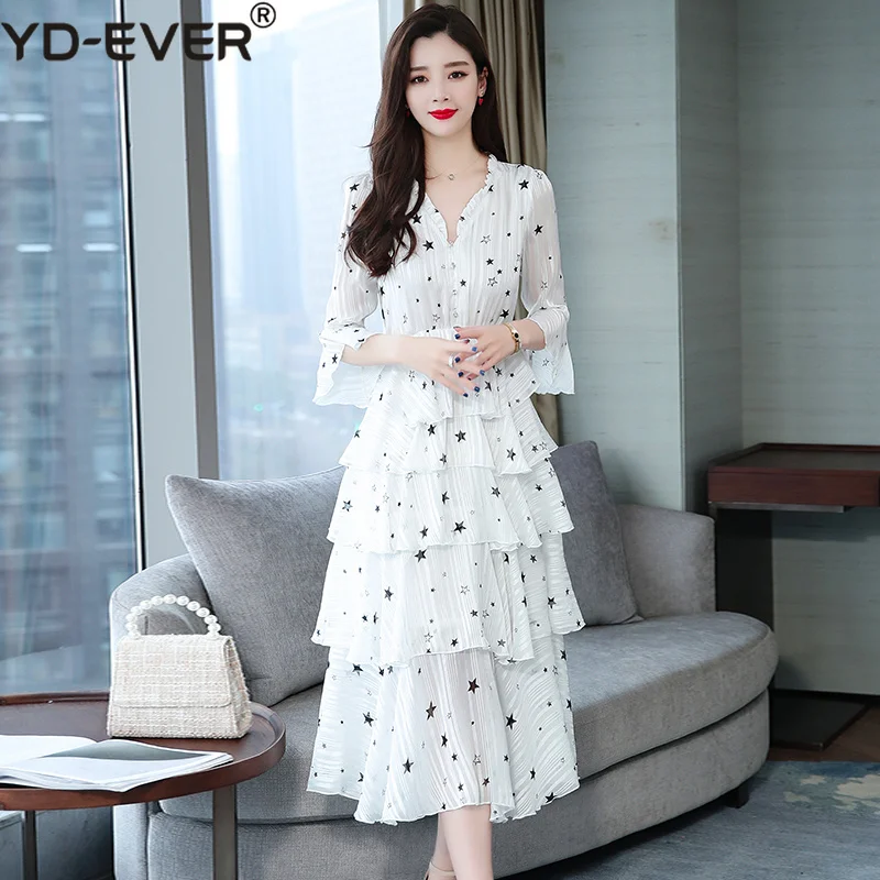 2019 летнее шифоновое платье Для женщин Flare рукавом V Neck Star Print ниспадающей оборкой