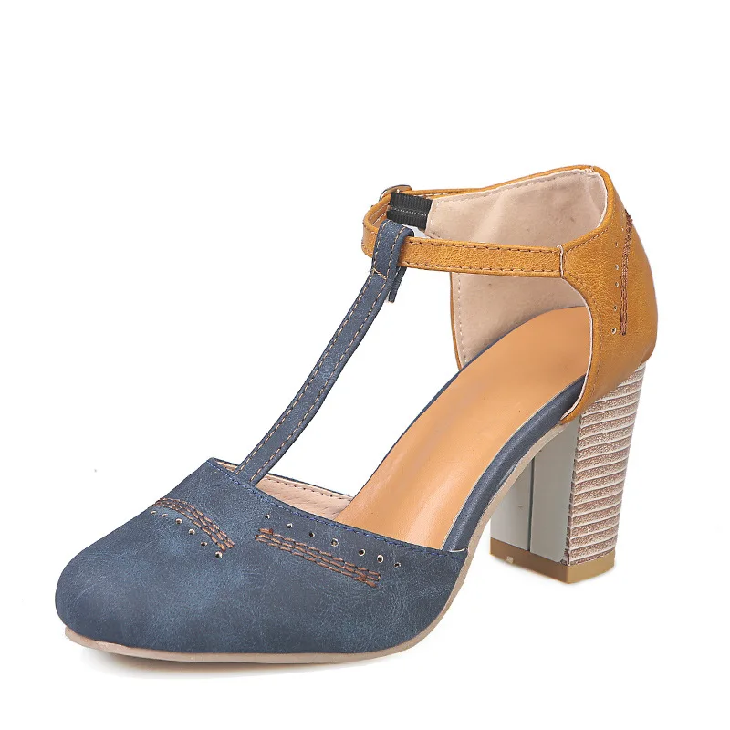 

Women Shoes Summer Think Heel Round Toe Buckle Strap Fashionl 8cm High Heel PU Leather Solid Casua Female Shoes Plus Size