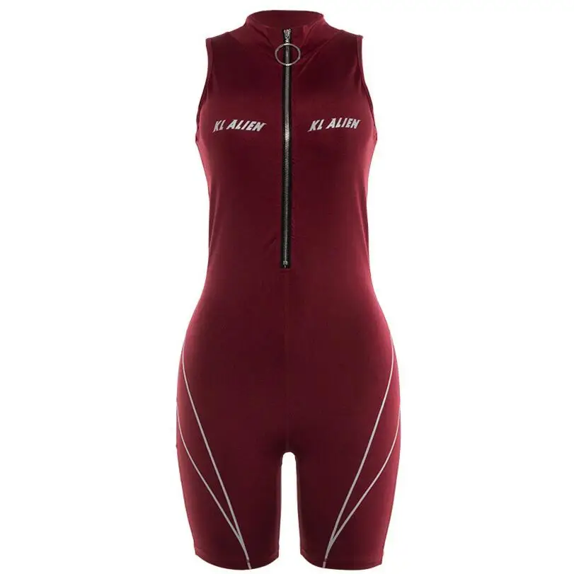 Женский неоновый комбинезон на молнии с высоким воротником без рукавов надписью