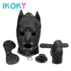 Эротические IKOKY Секс игрушки головные уборы взрослые игры из черной искусственной кожи собака капюшон маска, полностью закрытый корпус с двумя Секс-игрушки для пары сексуальная маска головы Slave