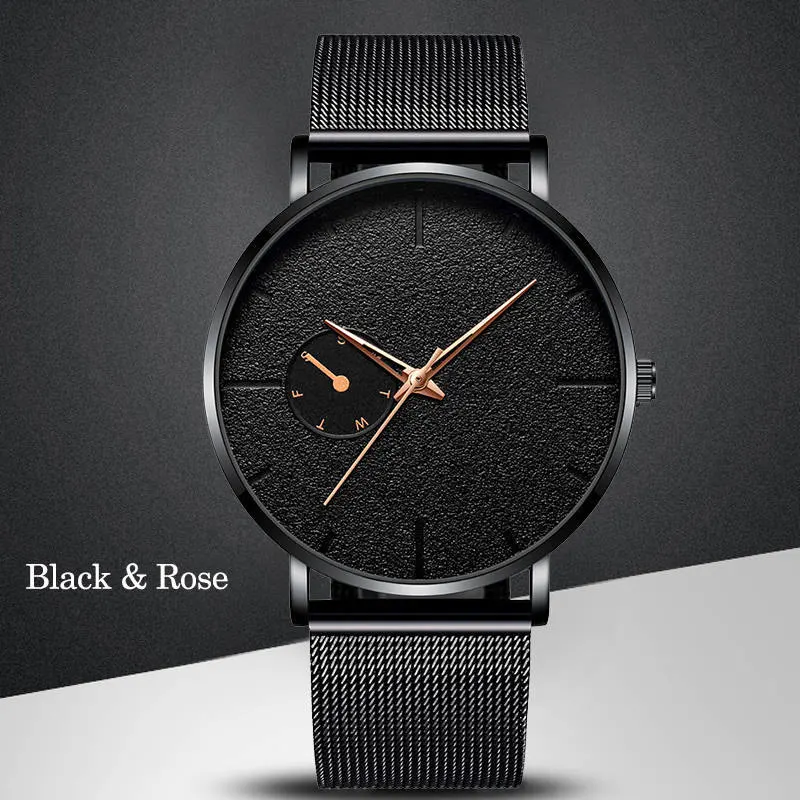 BlackRoseGold Ультра тонкие мужские часы повседневные минимализм брендовые кварцевые простые синие указки наручные часы с сетчатым ремешком деловые часы мужские часы - Цвет: BlackRoseGold