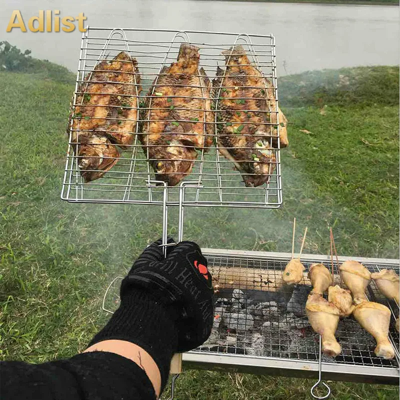 BBQ Accessories Fish Grill Net  Barbecue  Grilling Fish Rack Non-stick Triple Fish Grilling Basket  Wood Handle Barbecue Tool