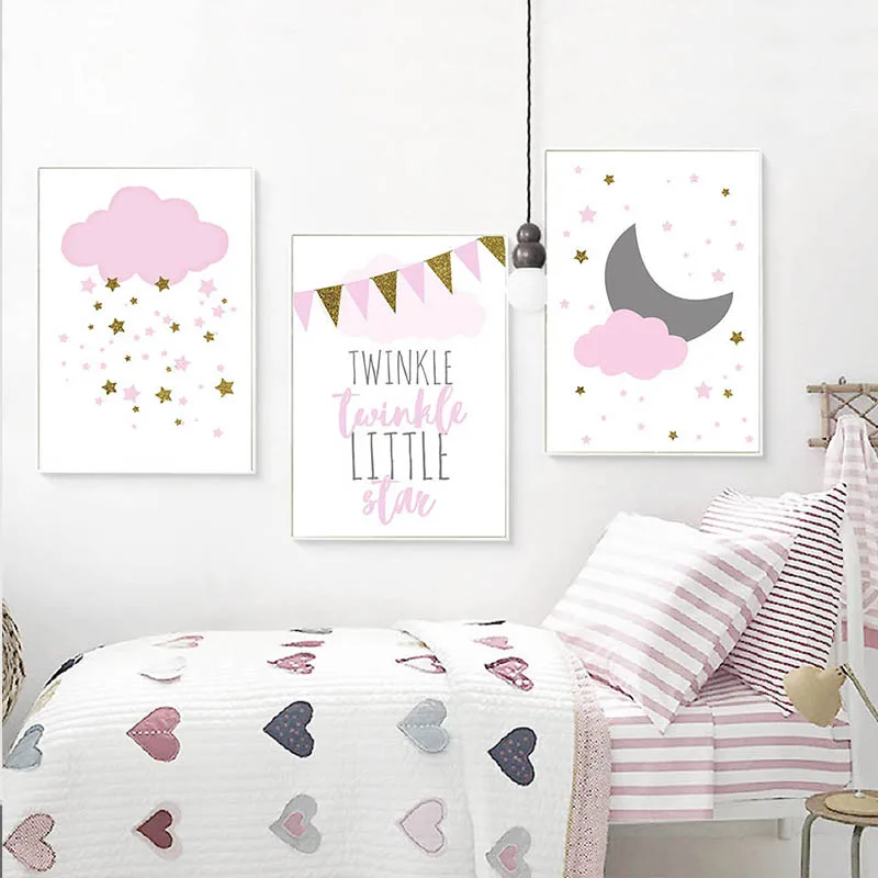 

Minimalist Wall Art Kawaii Pink Twinkle Star Canvas Painting Cloud Nursery Posters and Prints Pictures Children Room Home Decor