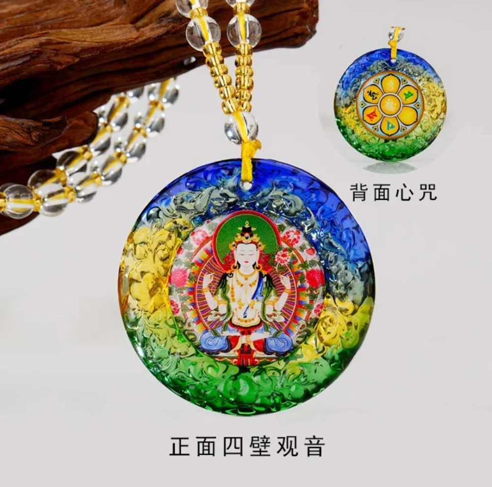 

2PCS Greco-Buddhist pocket travel efficacious Mascot Safety Bless Tibet Guanyin Buddha Crystal Pendant Buddhist Mantra Amulet