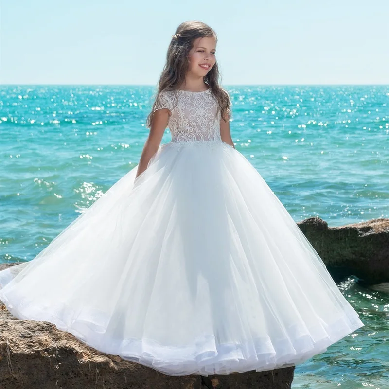 

Flower Girl Dresses Short Sleeve Fluffy Tulle Gown Tulle Pageant Dresses For Girls First Communion Elegant Princess Dresses