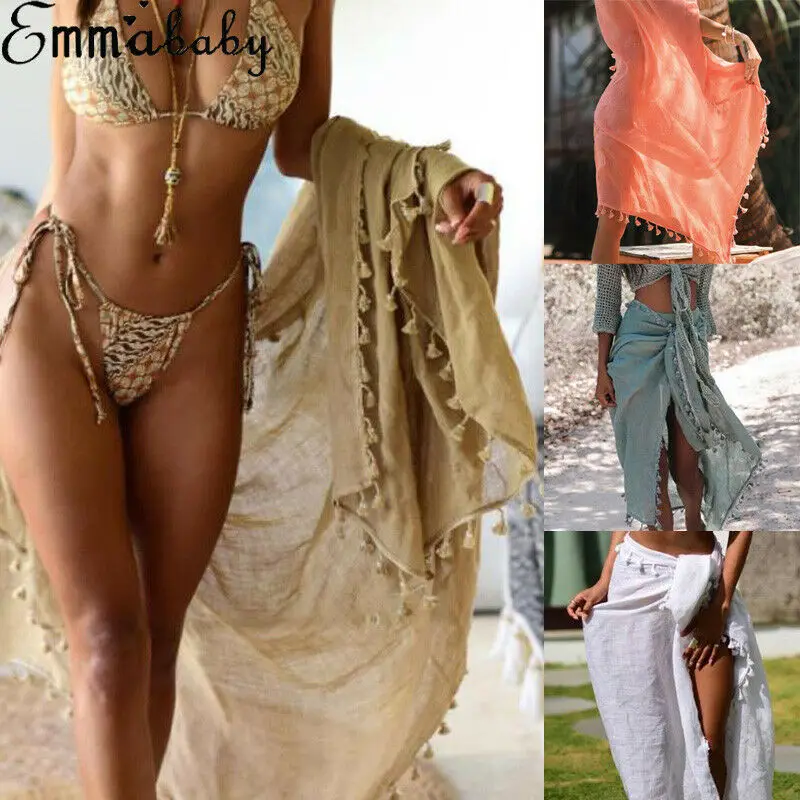 Women Boho Beach Solid Cover Up With Tassel Skirt Ladies Sexy High Waist Bathing Skirts | Женская одежда