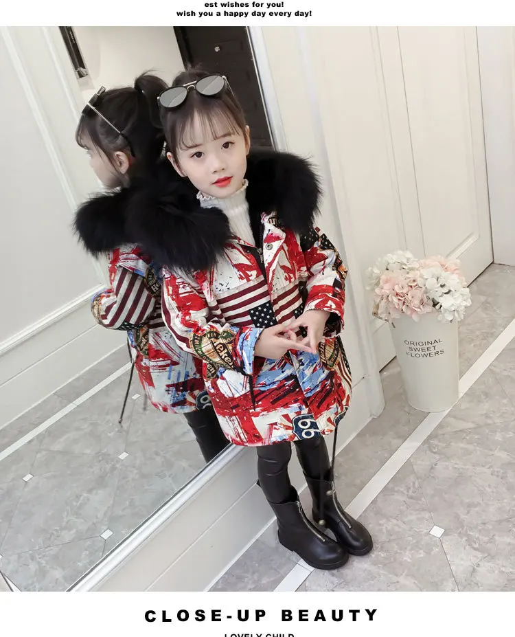 Print C-fur lining Детское пальто с мехом для девочек зимняя куртка с меховым капюшоном для мальчиков, пальто с искусственным мехом Детское пальто с капюшоном, парки, куртка на цветной молнии - Цвет: Print C-fur lining