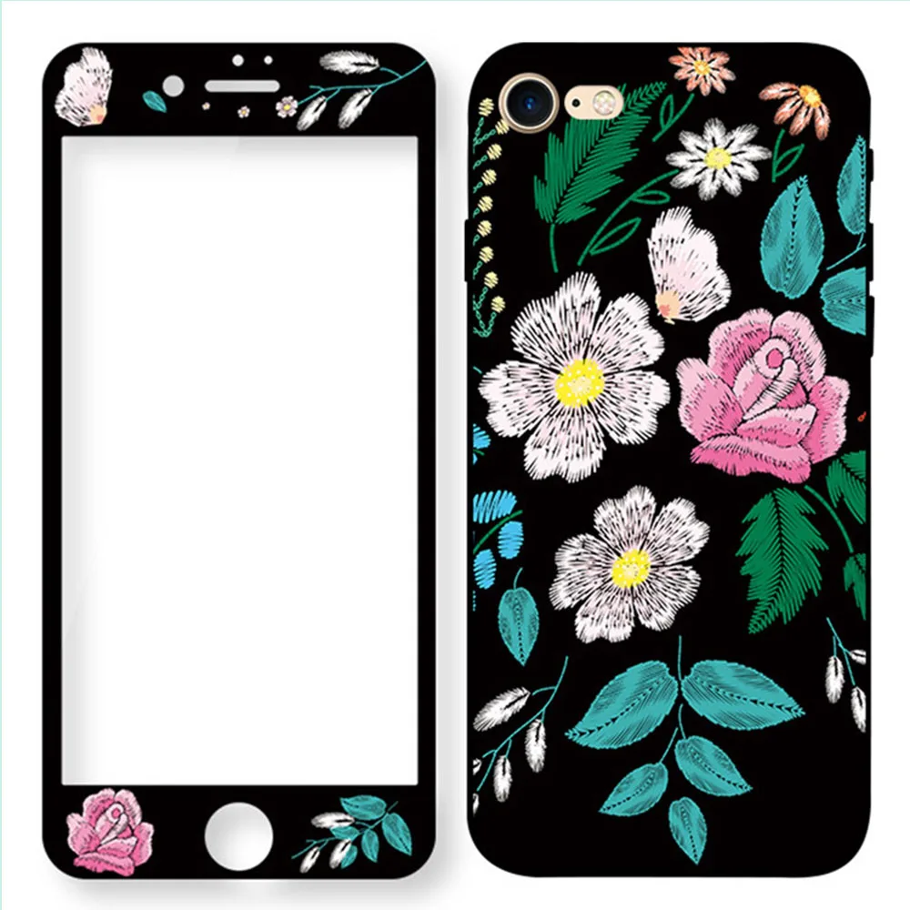 Embroidery Flower Eqvvol 360 Полное покрытие чехол для телефона для iPhone 8 7 6 S 6 S Plus чехлы с закаленным стеклом с защитой экрана милый мультфильм ТПУ чехол - Цвет: Embroidery Flower