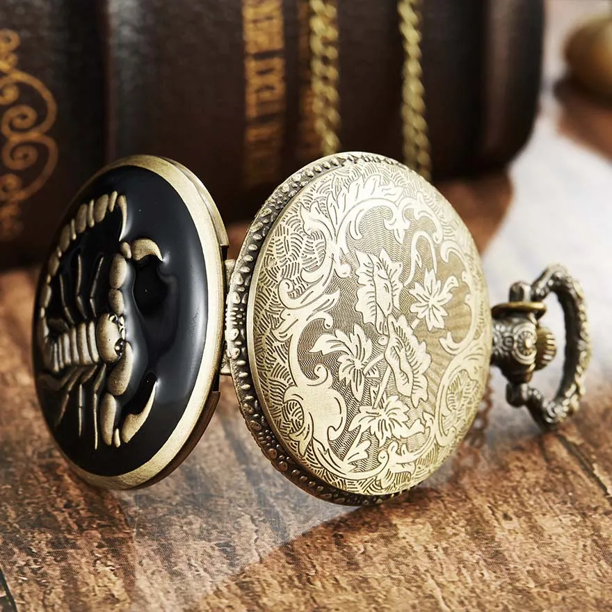 Кварцевые карманные часы скорпион черный паук лазерная гравировка ожерелье