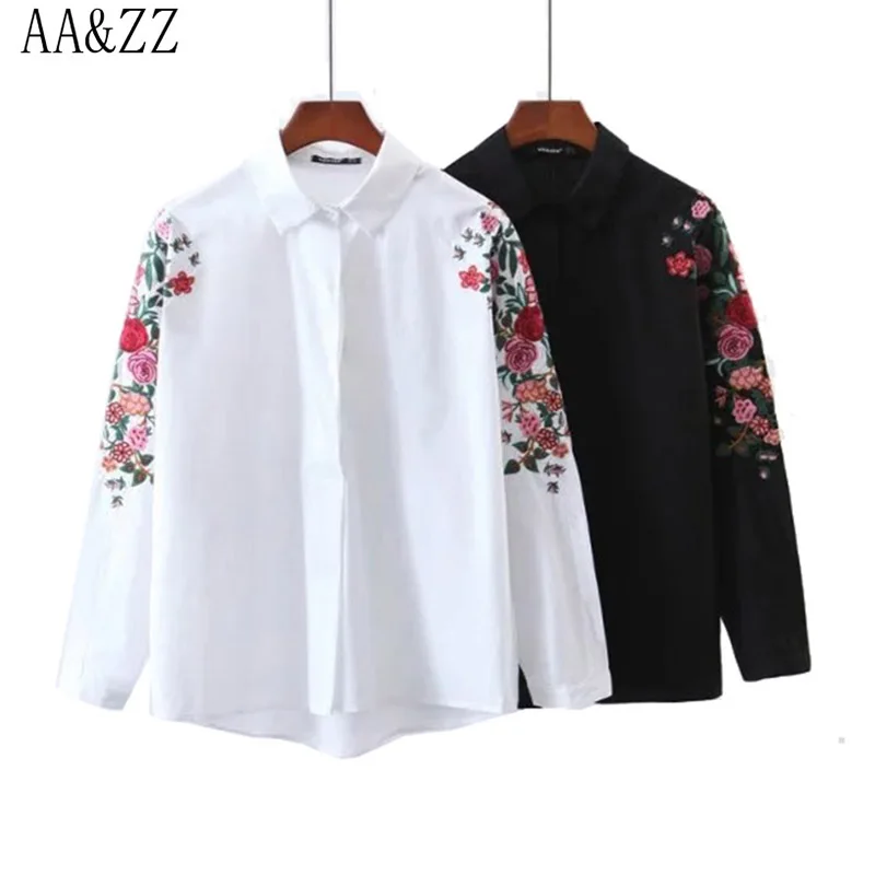 2017 Для женщин цветок Вышивка негабаритных Блузки для малышек рубашка отложной