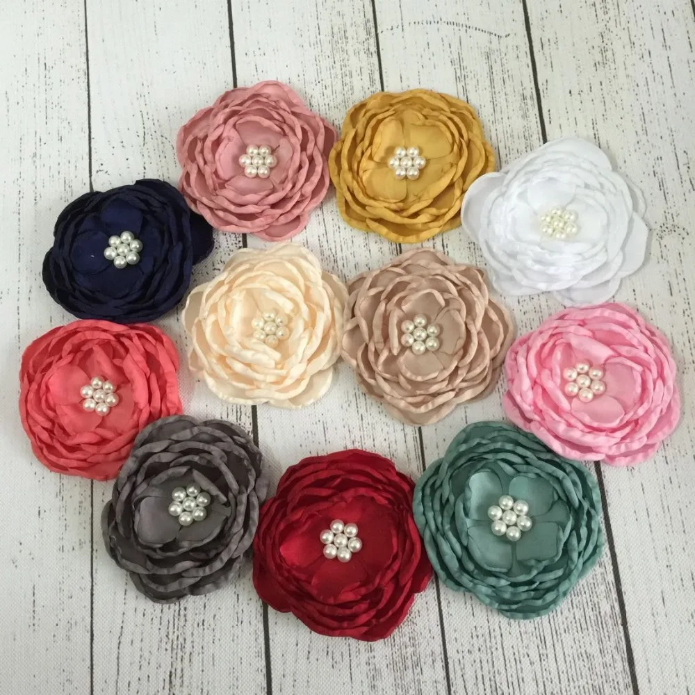 

22pcs/lot 10cm DIY Handmade Satin Flower Matching Pearls Layered Flower Baby Girl Hair Accessory
