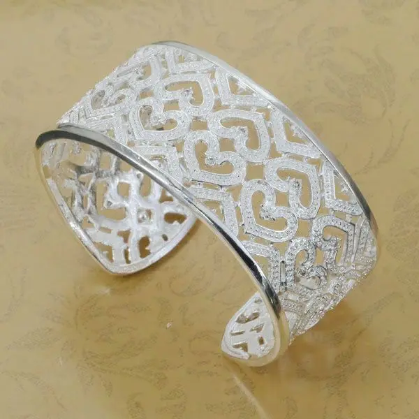 

B166 Lose Money! Wholesale 925 silver bangle bracelet, 925 silver fashion jewelry Bracelet, Inlaid Hearts Opened Silvery Bangle