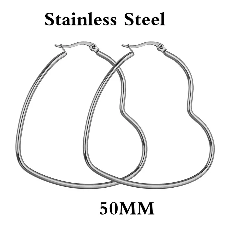 silver 50mm Простые серьги в форме сердца из нержавеющей стали, серебряные серьги, женские аксессуары в стиле панк - Окраска металла: silver 50mm